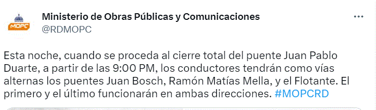 RUTA PUENTE DUARTE 2 Obras Públicas informa las rutas alternas por cierre total del puente Duarte