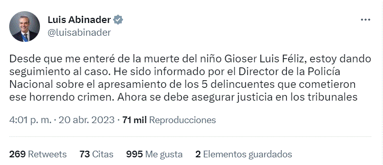 ABINADER 503 Abinader afirma "le está dando seguimiento" a muerte de niño en Santiago