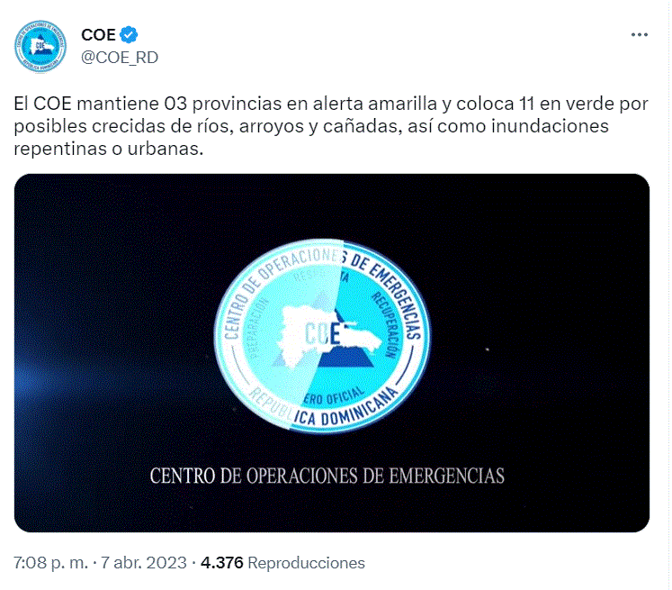 COE 34 COE eleva a 11 las provincias en alerta verde y mantiene tres en amarilla