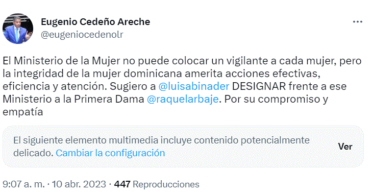 EUGENIO CEDENO Diputado PRM sugiere a Abinader designar a Raquel Arbaje ministra de la Mujer