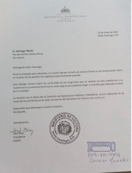 CARTA SANTIAGO MATIAS Citan a Santiago Matías por contenidos en su canal de YouTube