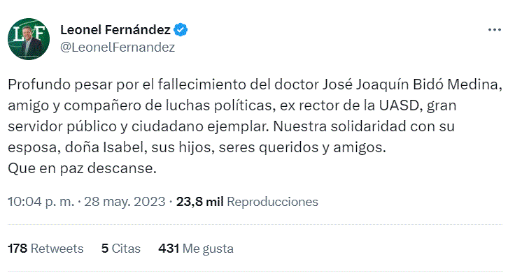 LEONEL FERNANDEZ 26 Políticos lamentan muerte de José Joaquín Bidó Medina