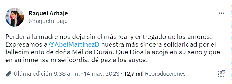 RAQUEL ALBAJE TWITTER 1 Primera dama expresa condolencias a Abel Martínez por muerte de su madre
