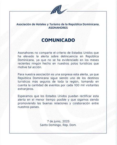 ASONAHORES 4 Asonahores en desacuerdo con alerta de EEUU a RD por delincuencia; espera rectificación