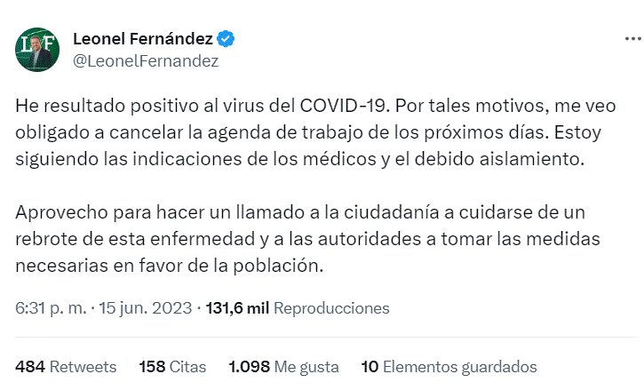 LEONEL FERNANDEZ 27 Leonel dice debido a Covid se ve «obligado» a cancelar actividades