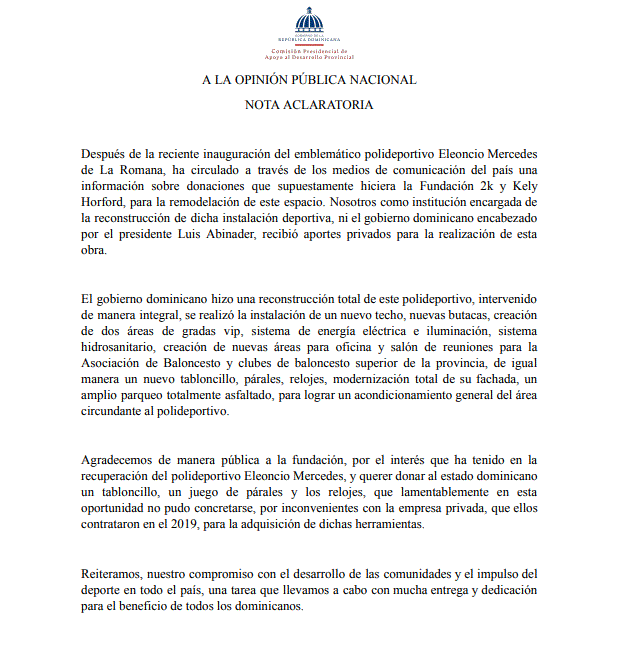 polideportivo de La Romana Gobierno niega recibiera donaciones para remodelación de polideportivo de La Romana