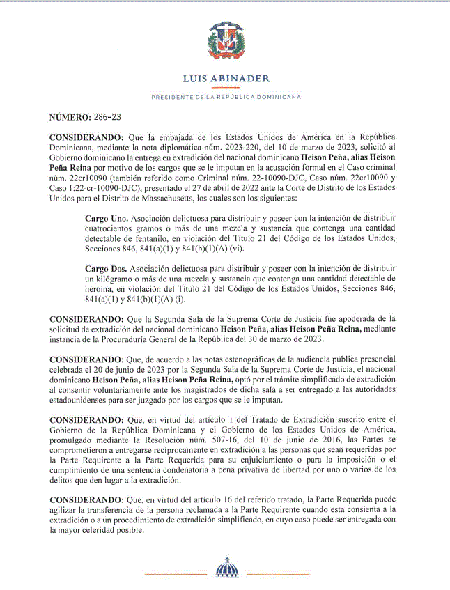 CARTA 23 Disponen extradición de cuatro dominicanos solicitados por gobierno de EE.UU.