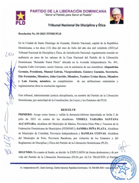 De manera "deshonrosa y de por vida" PLD expulsa tres alcaldesas de sus filas 3 CARTA 29 De manera "deshonrosa y de por vida" PLD expulsa tres alcaldesas de sus filas