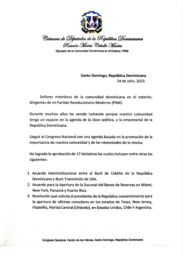 CARTA 30 Diputado Ramón Ceballo anuncia que no continuará en el Congreso