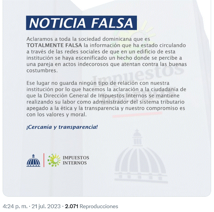 CARTA IMPUESTOS INTERNOS 2 DGII aclara que no es en edificio de esa institución video de pareja en actos indecorosos