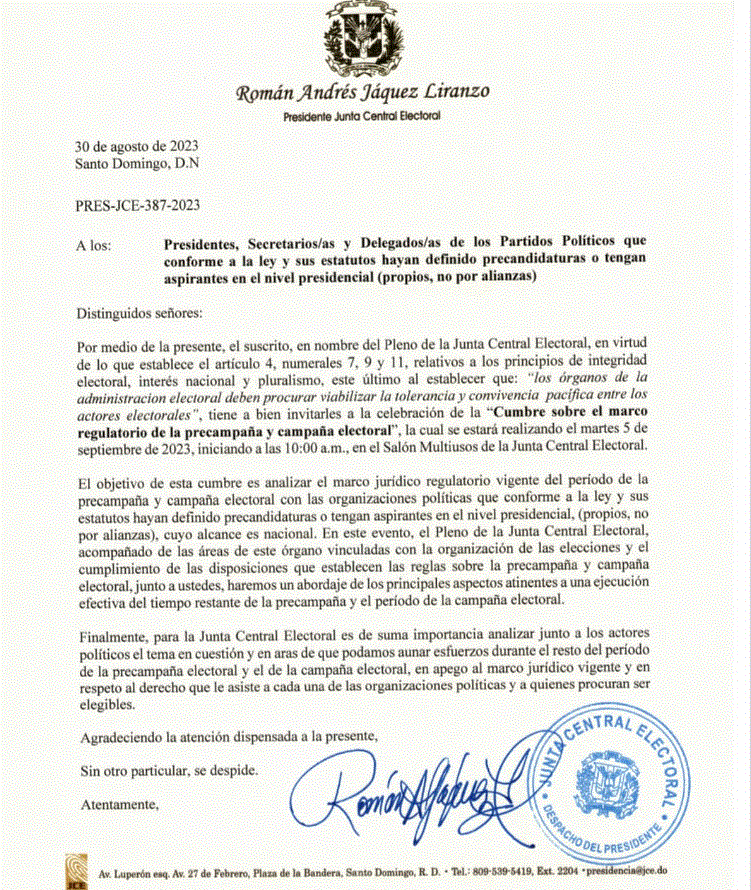 CARTA 32 1 JCE convoca los partidos a cumbre sobre precampaña y campaña