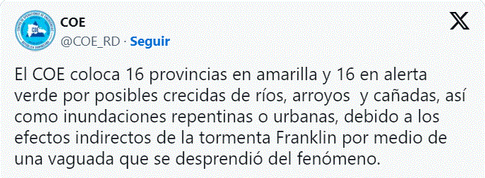 COE 43 El país sigue bajo alerta por efectos indirectos de la tormenta Franklin
