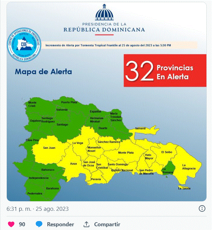 MAPA 26 El país sigue bajo alerta por efectos indirectos de la tormenta Franklin