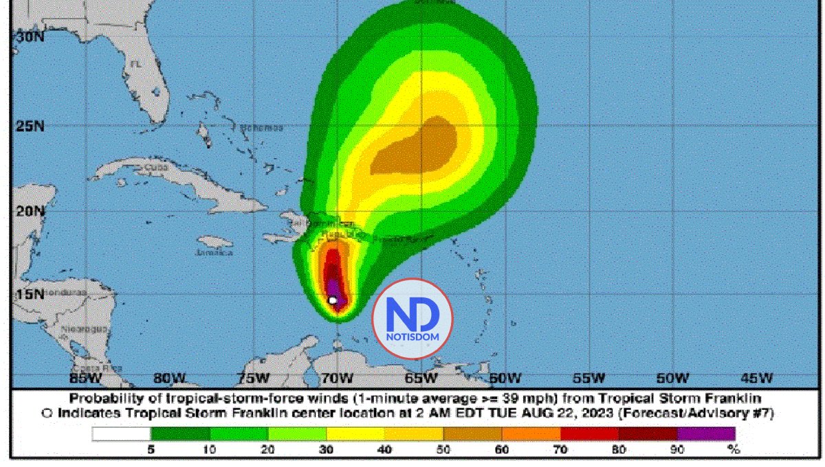 Franklin a 400 kms de RD; más viento y lluvia desde esta noche 2 Franklin a 400 kms de RD; más viento y lluvia desde esta noche