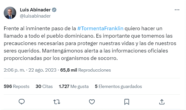 TWITTER ABINADER 14 Ante inminente paso tormenta Franklin por RD, Abinader llama al pueblo actuar con precaución