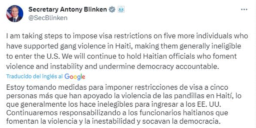 EU impondrá restricciones visado a los que apoyan pandillas en Haití 3 ANTONY BLINKEN 17 EU impondrá restricciones visado a los que apoyan pandillas en Haití