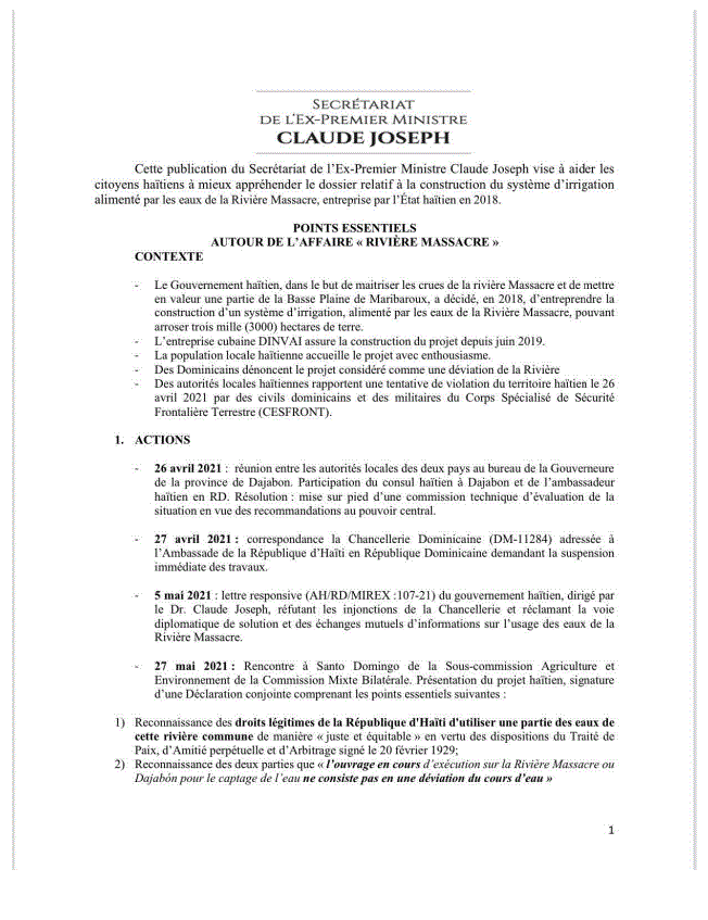 CARTA 36 Excanciller haitiano asegura "RD reconoció derecho de ambas naciones a usar agua río Masacre"