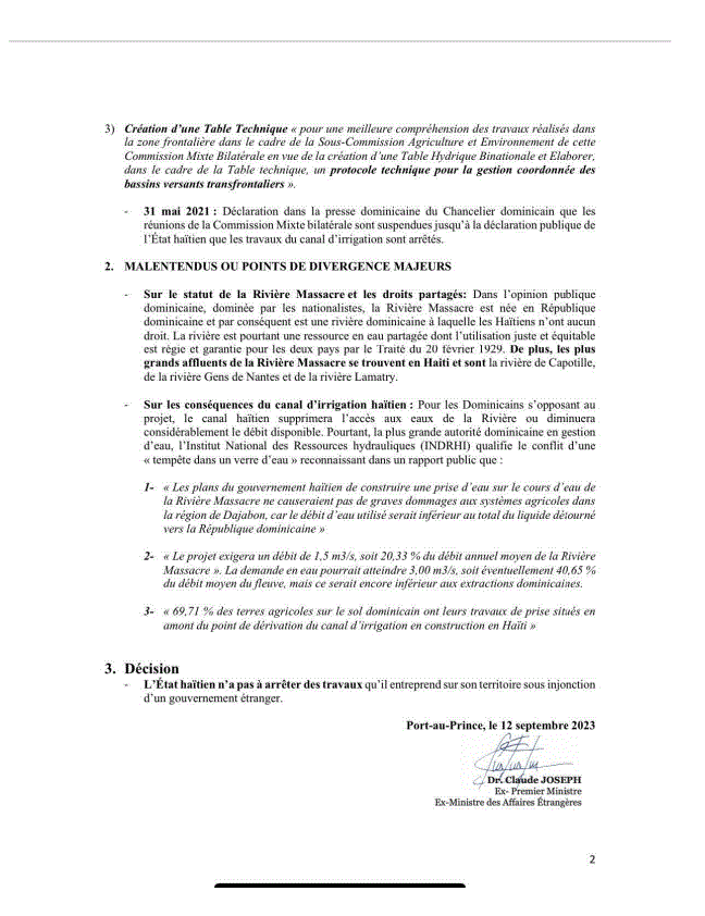 CARTA 37 Excanciller haitiano asegura "RD reconoció derecho de ambas naciones a usar agua río Masacre"