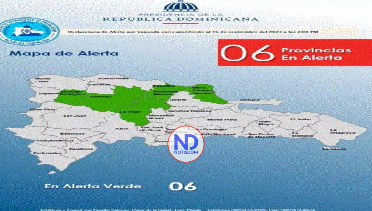 COE coloca 6 provincias en alerta verde tras incidencia de vaguada