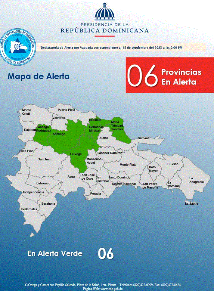 MAPA 32 COE coloca 6 provincias en alerta verde tras incidencia de vaguada