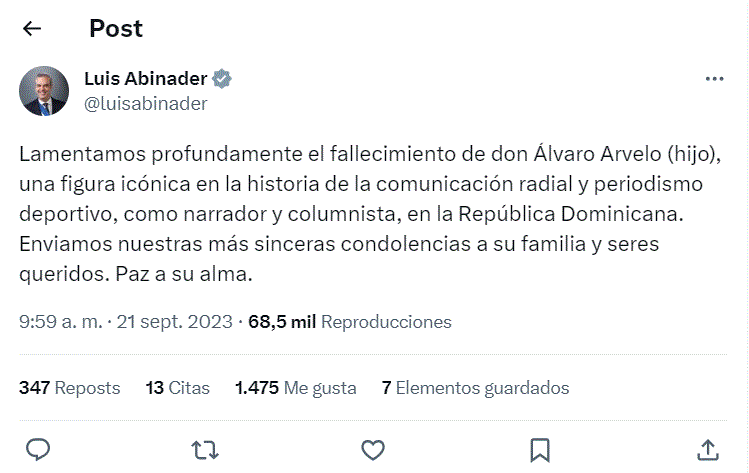 TWITTER ABINADER 15 Presidente Abinader lamenta muerte de don Álvaro Arvelo