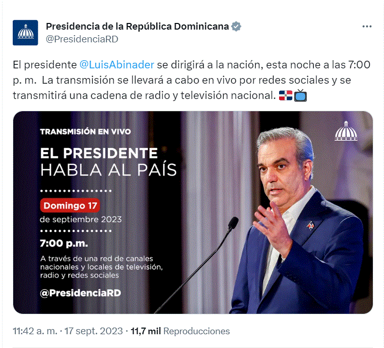 Presidente Luis Abinader se dirigirá al país esta noche 3 TWITTER PRESIDENCIA 1 Presidente Luis Abinader se dirigirá al país esta noche