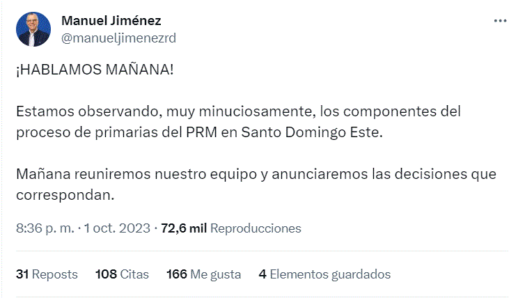 MANUEL JIMENEZ 41 Manuel Jiménez dice "¡Hablamos mañana!" sobre primarias PRM