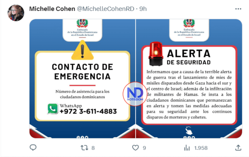 Screenshot 2023 10 10 173654 1 Michelle Cohen, embajadora RD en Israel, llama a la comunidad a buscar refugio