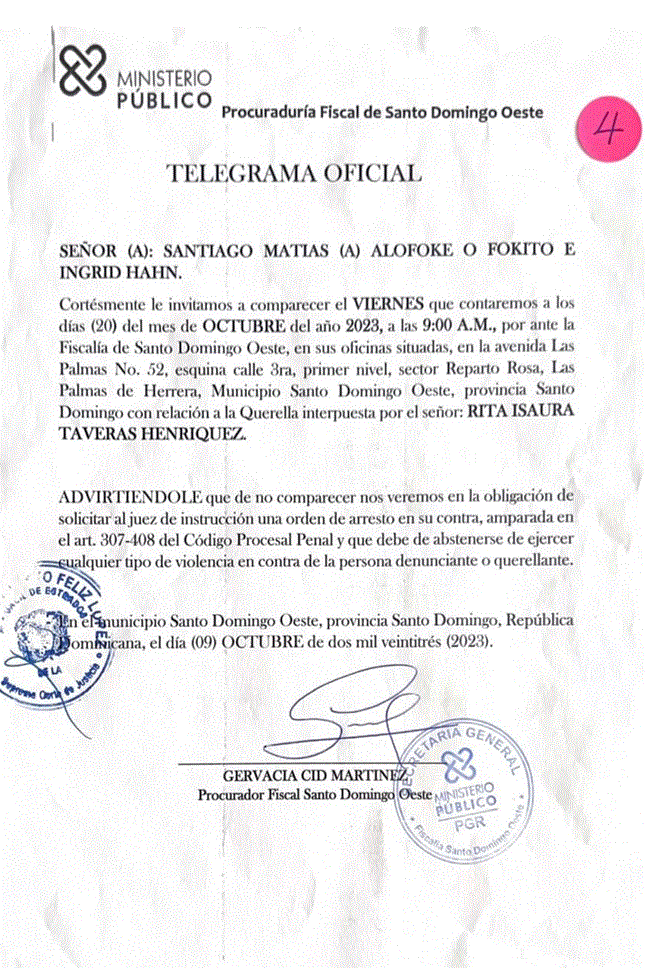 TELEGRAMA Isaura Taveras somete a Santiago Matías por difamación e injuria