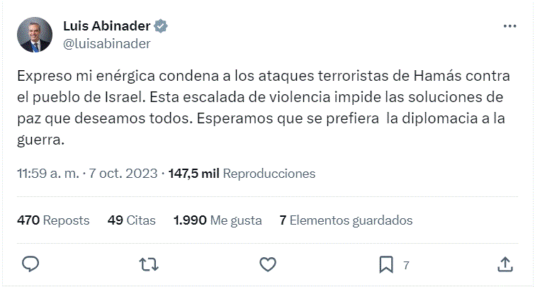 TWITTER ABINADER 16 Abinader condena los ataques terroristas de Hamás contra Israel