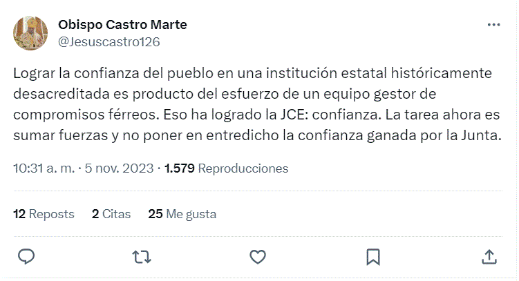 TWITTER CASTRO MARTE JCE ha conseguido confianza de los dominicanos, según Obispo Castro Marte