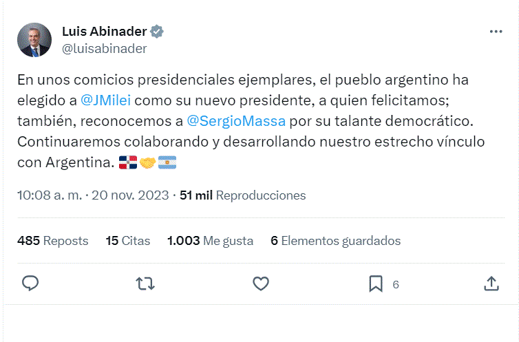 Abinader felicita al nuevo presidente de Argentina, Javier Milei 3 abinader 785 Abinader felicita al nuevo presidente de Argentina, Javier Milei