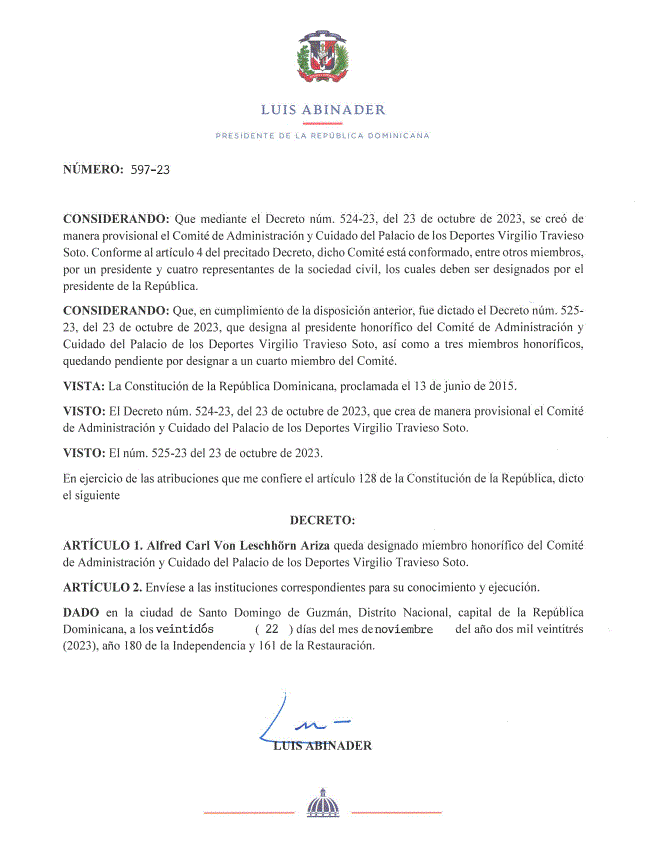 carta 45 Presidente designa comité honorífico para el cuidado del Palacio de los Deportes