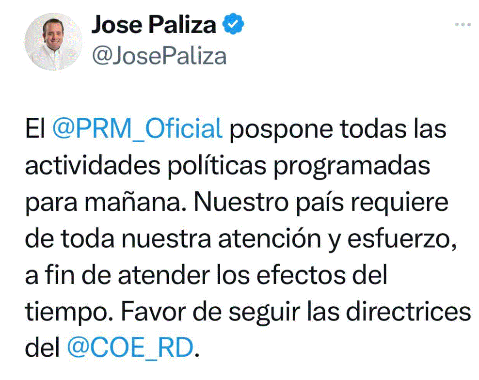 Debido a las lluvias, PRM suspende actividades pautadas para este domingo 3 jose paliza Debido a las lluvias, PRM suspende actividades pautadas para este domingo