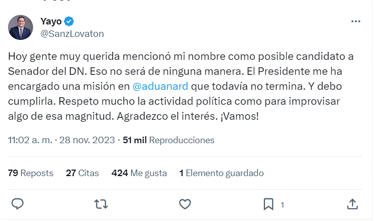 yayo Sanz Lovatón descarta aspiraciones a candidatura a Senador por el DN