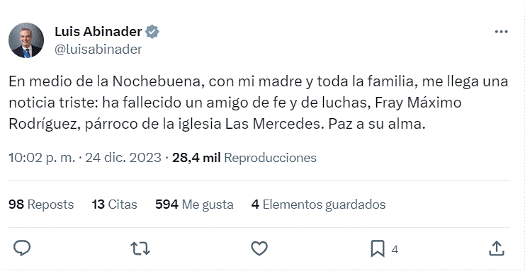 Fallece párroco Fray Máximo Rodríguez; Abinader expresa condolencias 3 TWITTER ABI Fallece párroco Fray Máximo Rodríguez; Abinader expresa condolencias