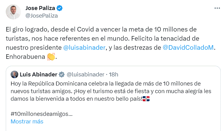 TWITTER PALIZA 1 Abinader satisfecho con logro de Turismo; da la bienvenida con alegría a quienes visitan a RD