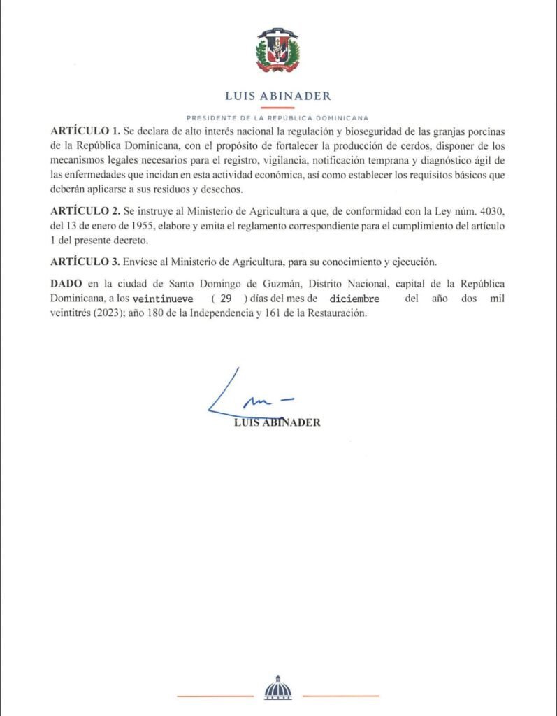 carta 48 Presidente Abinader declara de alto interés nacional regulación y biodiversidad de granjas porcinas