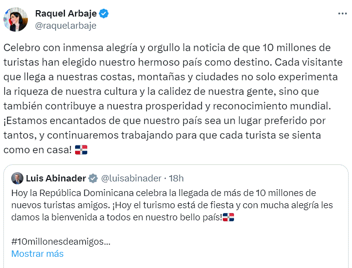 raquel albaje 28 Abinader satisfecho con logro de Turismo; da la bienvenida con alegría a quienes visitan a RD