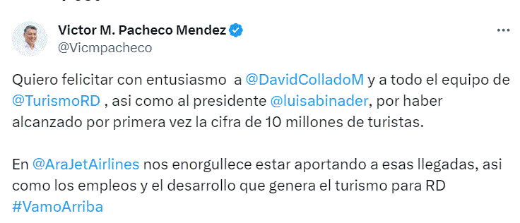 twitter m pacheco 1 Abinader satisfecho con logro de Turismo; da la bienvenida con alegría a quienes visitan a RD