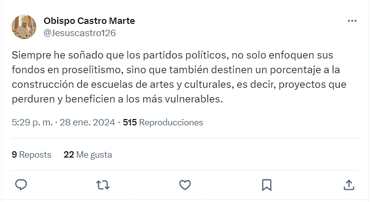OBISPO CASTRO MARTE 2 Obispo sueña con que partidos destinen parte de sus recursos a construir escuelas