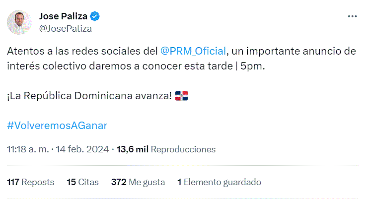 TWITTER PALIZA 3 Paliza adelanta PRM dará a conocer «importante» anuncio esta tarde