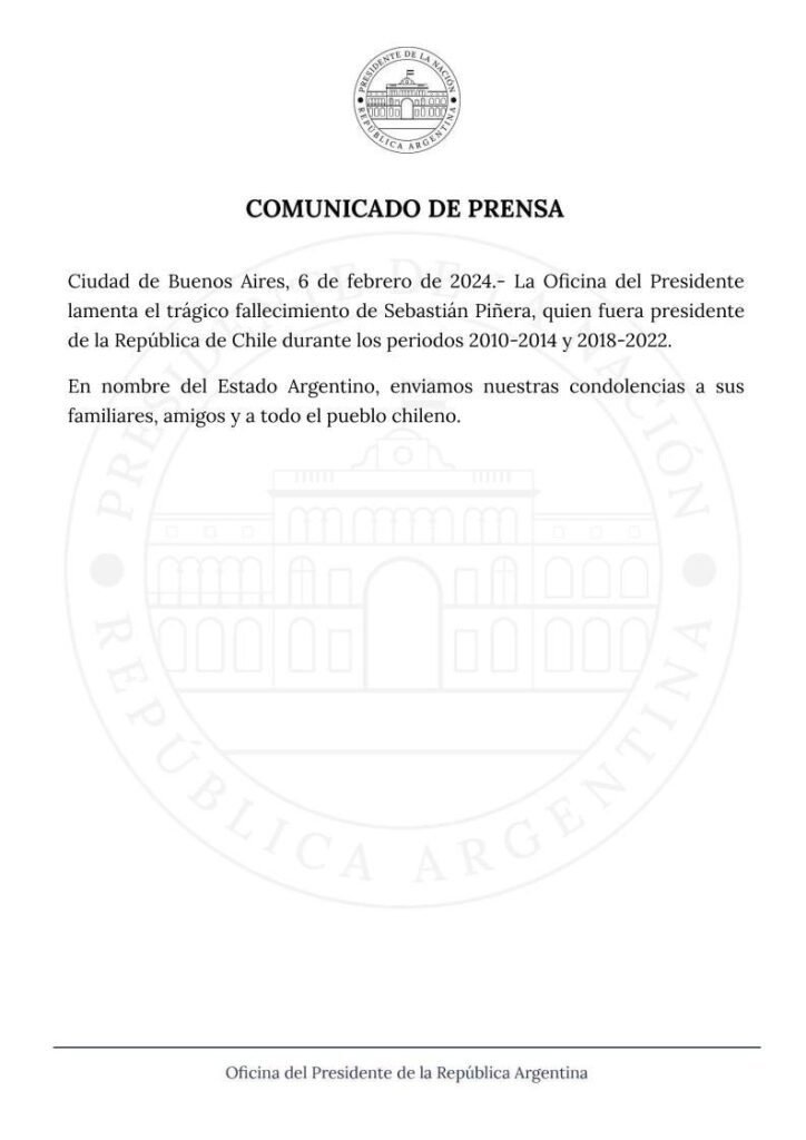 carta de la oficina del ex presidente pinera El mundo reacciona ante fallecimiento del ex presidente de Chile, Sebastián Piñera