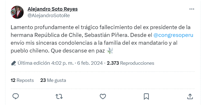 twitter alejandro soto El mundo reacciona ante fallecimiento del ex presidente de Chile, Sebastián Piñera