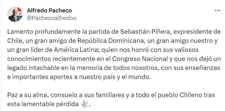 twitter alfredo pacheco y sebastian pinera El mundo reacciona ante fallecimiento del ex presidente de Chile, Sebastián Piñera