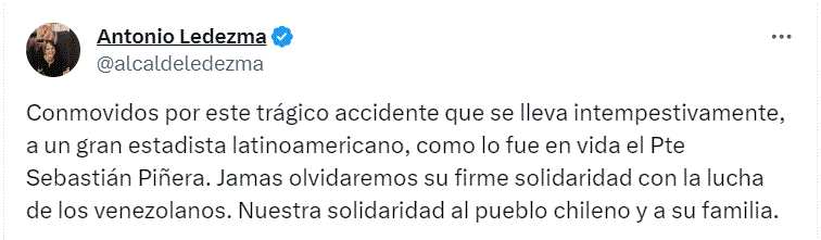 twitter antonio ledesma 1 El mundo reacciona ante fallecimiento del ex presidente de Chile, Sebastián Piñera