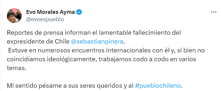 twitter evo morales El mundo reacciona ante fallecimiento del ex presidente de Chile, Sebastián Piñera