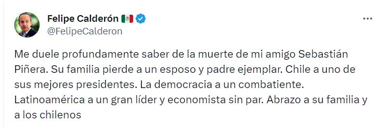 twitter felipe calderon 1 El mundo reacciona ante fallecimiento del ex presidente de Chile, Sebastián Piñera