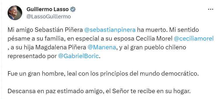 twitter guillermo lasso 1 El mundo reacciona ante fallecimiento del ex presidente de Chile, Sebastián Piñera