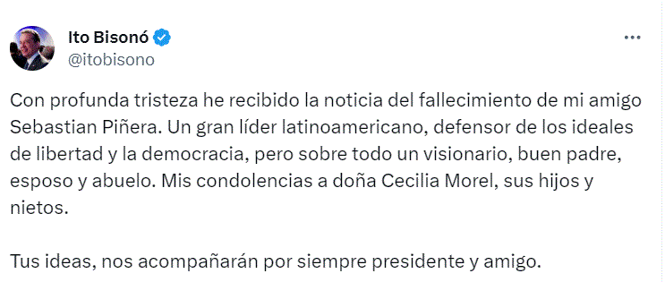 twitter ito bisono 1 El mundo reacciona ante fallecimiento del ex presidente de Chile, Sebastián Piñera